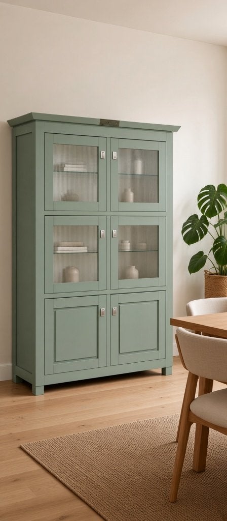 Olijfgroene moderne vitrinekast, Met deur(en), 100 tot 150 cm, Eikenhout, Ophalen of Verzenden