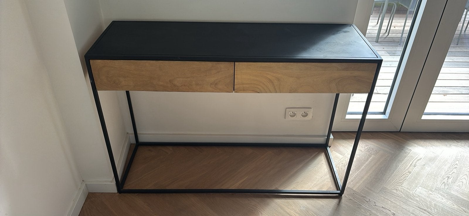 Console van zwart metaal en massief mangohout met 2 lades, Ophalen, 100 tot 150 cm, Zo goed als nieuw, Metaal