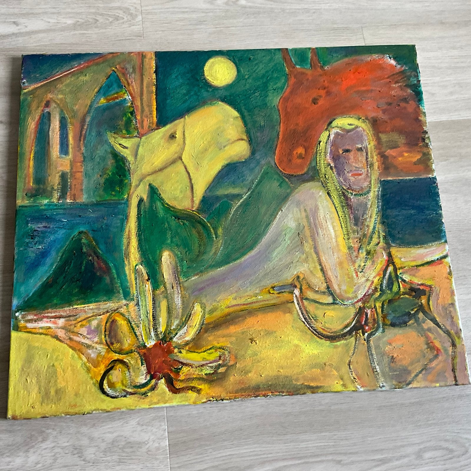 Abstract schilderij met dame en paardenkoppen, Antiek en Kunst, Ophalen of Verzenden