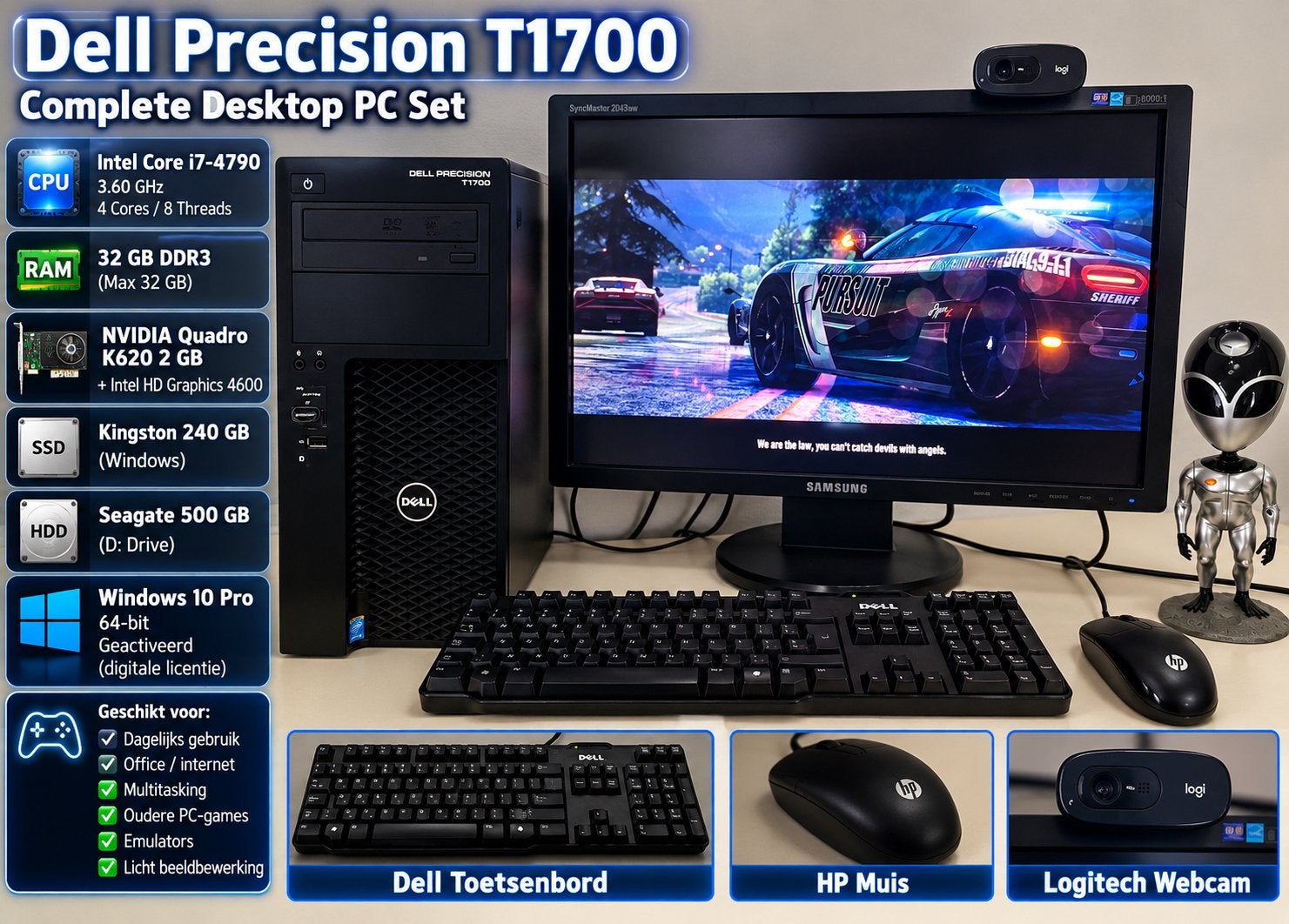 Complete Dell Precision T1700 PC-set –, Ophalen, 32 GB, Refurbished, Gaming