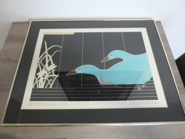 Prachtige litho "Duck & Dragonfly"van Sudi McCollum 1984, Animaux et nature, Enlèvement, Encadré, Lithographie