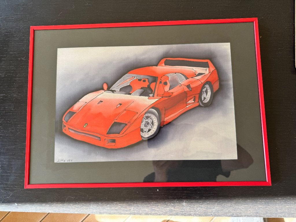 Unique rare Ferrari F40 peinte sur soie encadrée, Enlèvement ou Envoi, Textile, Sous verre, Véhicules