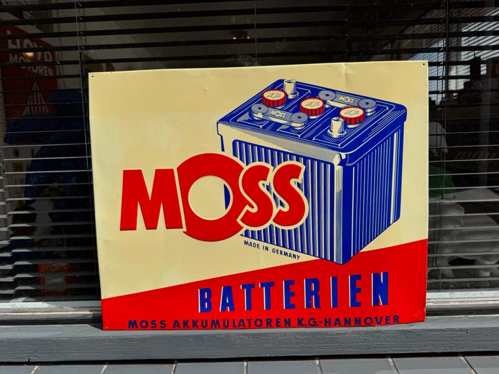 MOSS Accus oud reclamebord, Verzamelen, Ophalen of Verzenden, Gebruikt, Reclamebord