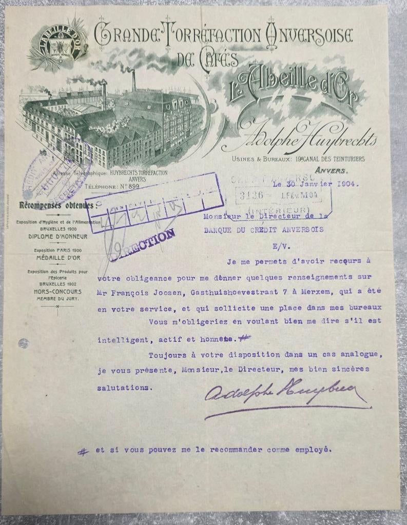 1904+Anvers+L'Abeille d'or+Café+Lithographie, Collections, Enlèvement ou Envoi, Comme neuf, Autres types