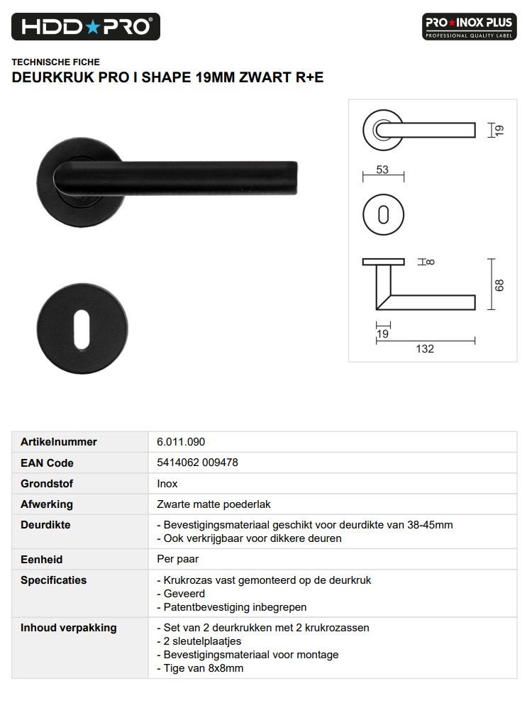 Deurkruk PRO I shape 19mm zwart R+E 2set - Eeklo, Ophalen of Verzenden, Nieuw, Klink of Kruk