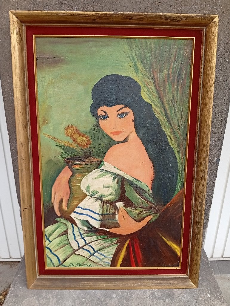 Tableau Vintage Gitane 1969 Signé De Dobbelaer Style Bohème, Enlèvement