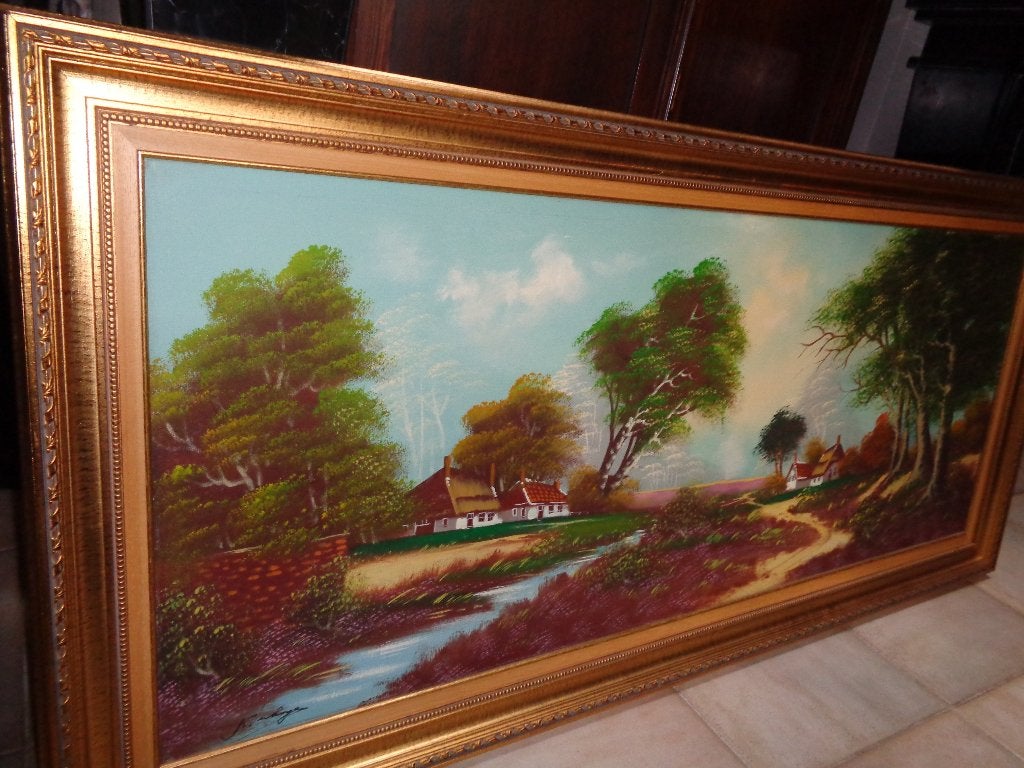 *Zéér grote prachtige gesigneerde schilderij met mooie kader, Ophalen, Bijzondere lijst, Doek