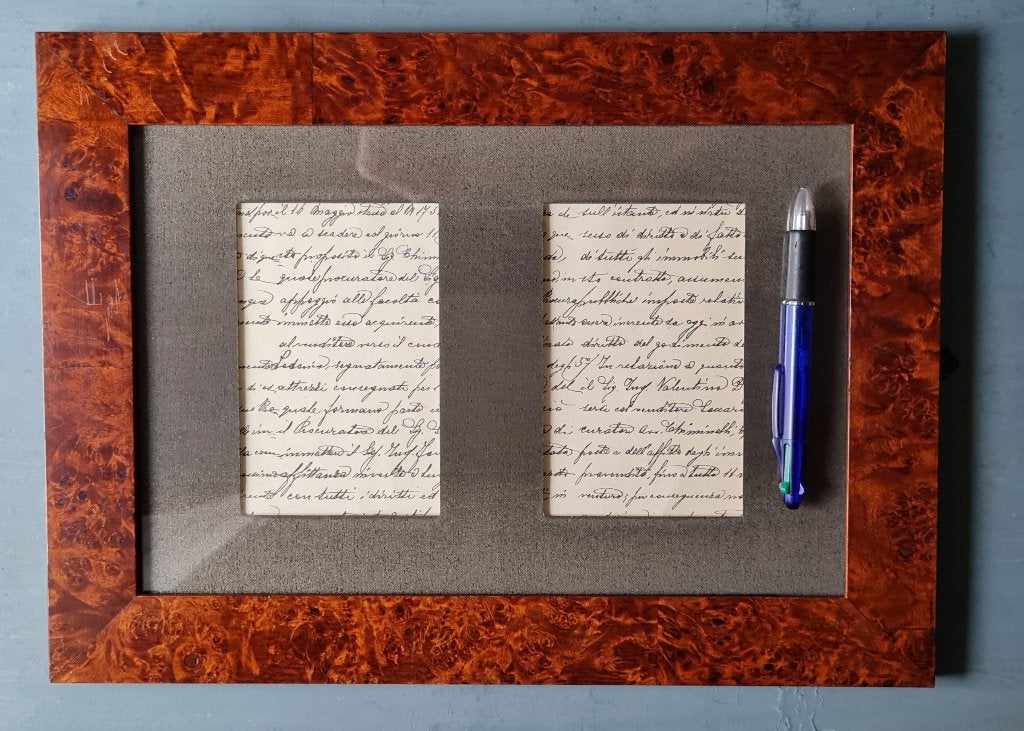 Vintage wortelnoten fotolijst - zijden passe-partout, Hout, Refurbished, Standaard fotolijst, Ophalen of Verzenden