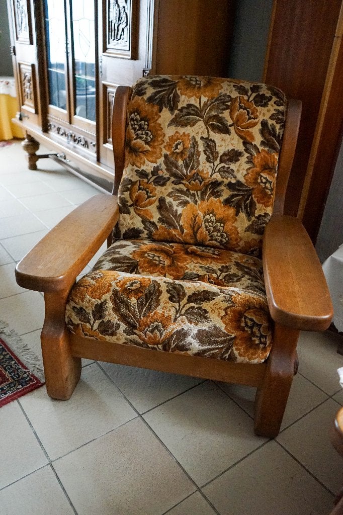 Set Eiken 3-zit + 2x 1-zit met stoffen bekleding, Ophalen, Driepersoons, 75 tot 100 cm, Zo goed als nieuw
