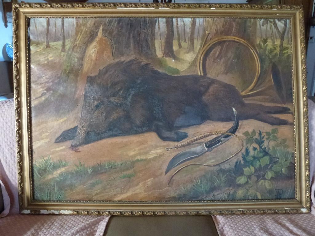 Tableau peinture à l'huile scène de chasse, Enlèvement