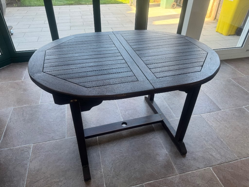 Teakhouten ovale uitschuiftafel – verlengbaar – massief hout, Tuin en Terras, Ophalen, Gebruikt, Ovaal, Hout