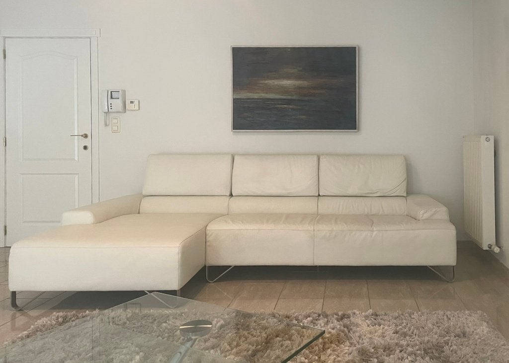 Wit lederen combinatie longchair/tweezit, Ophalen, Gebruikt, 150 cm of meer, Leer