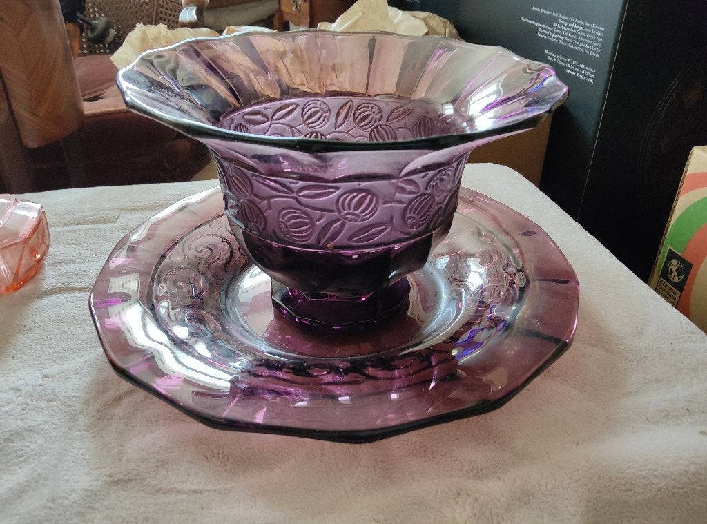 Grand centre de table Art Déco verre améthyste 1930, Antiquités & Art, Enlèvement ou Envoi