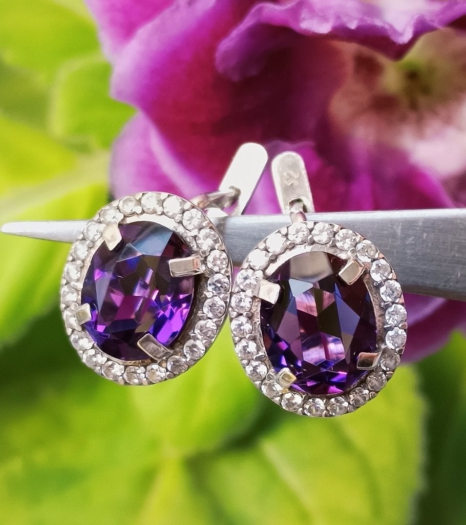 Silver 925 earrings with amethyst and cubic zirconia, Met kristal, Hangers, Paars, Ophalen of Verzenden