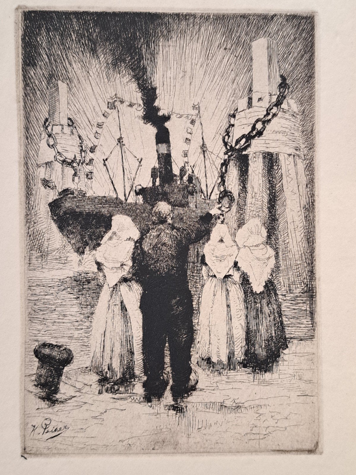 PEISER Kurt "Afscheid op de kade" ets, Antiquités & Art, Art | Eaux-fortes & Gravures, Enlèvement ou Envoi, Eau-forte, Encadré