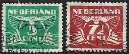 2 Postzegels Nederland 1941 Vliegende Duif, Enlèvement ou Envoi, Après 1940, Affranchi