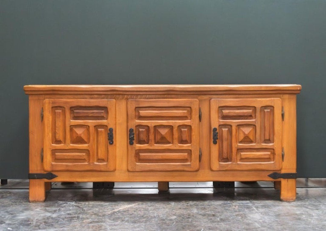 Prachtige eiken brutalist dressoir, Ophalen, Gebruikt, Eikenhout, 200 cm of meer