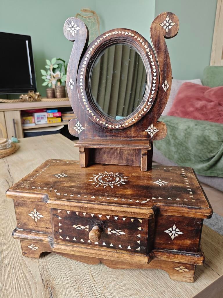 Vintage houten juwelenkastje met spiegel, Ophalen, Hout