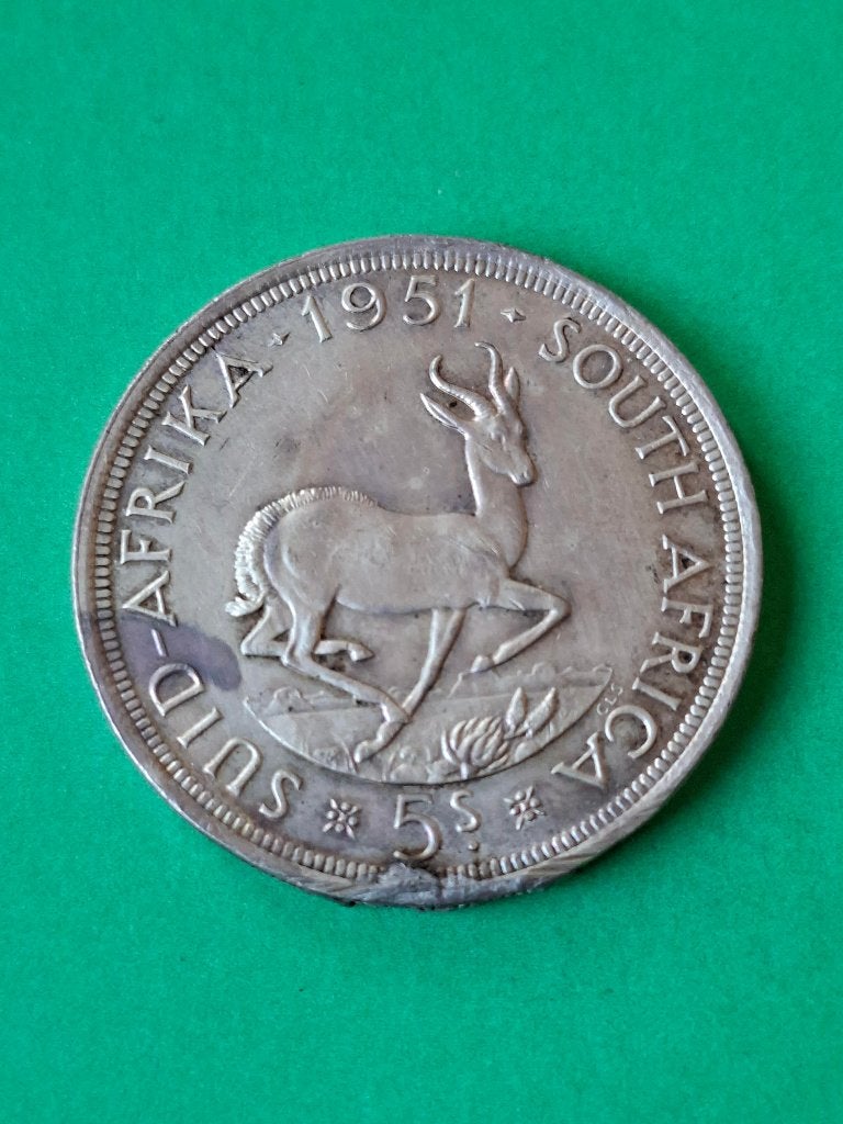 1951 Zuid Afrika 5 shilling zilver George VI springbok, Verzenden, Zuid-Afrika, Losse munt, Zilver