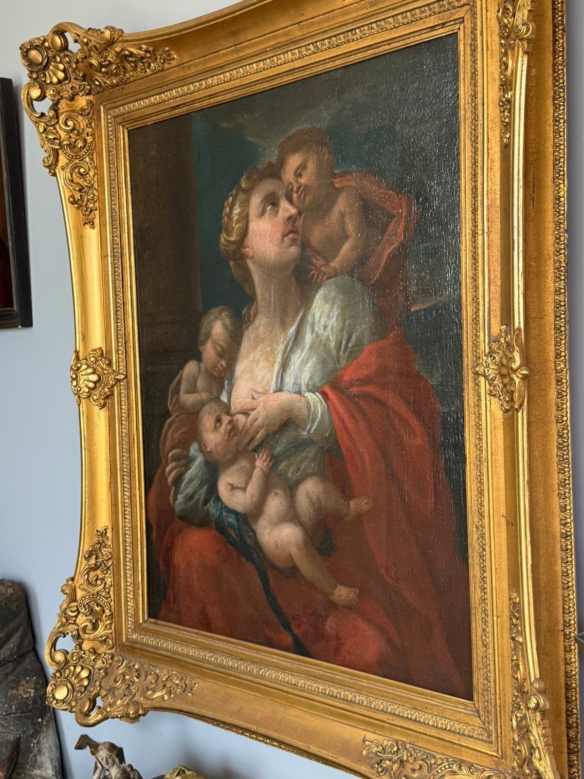 Antiek 18eeuws schilderij  / Allegorie van caritas, Ophalen of Verzenden, Doek