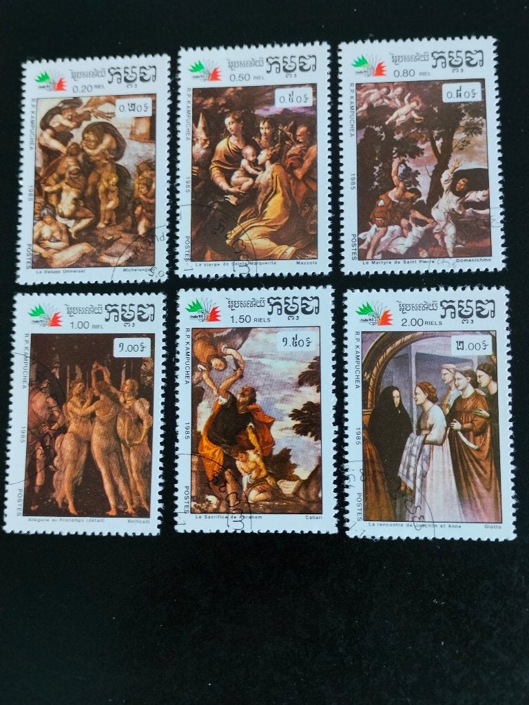 Cambodge 1985 - Peinture italienne, Enlèvement ou Envoi, Affranchi, Asie du Sud Est