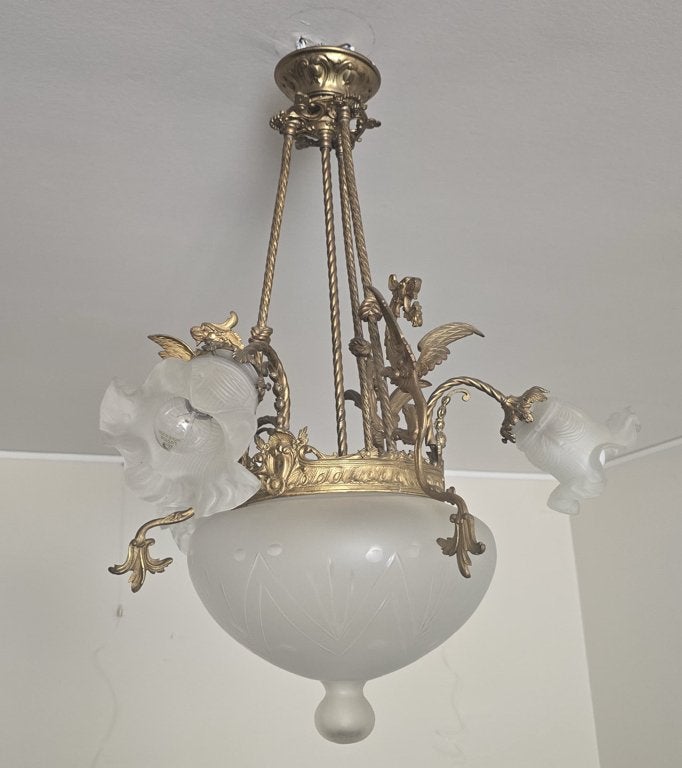Vintage hanglamp / kroonluchter met glazen kappen, Ophalen, Zo goed als nieuw