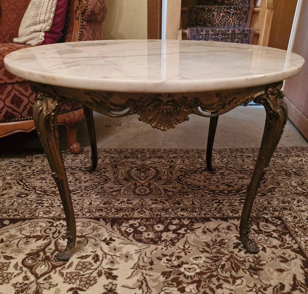 Salontafel in marmer met koperen onderstel van 70CM diameter, Ophalen, Gebruikt, Rond, 50 tot 100 cm