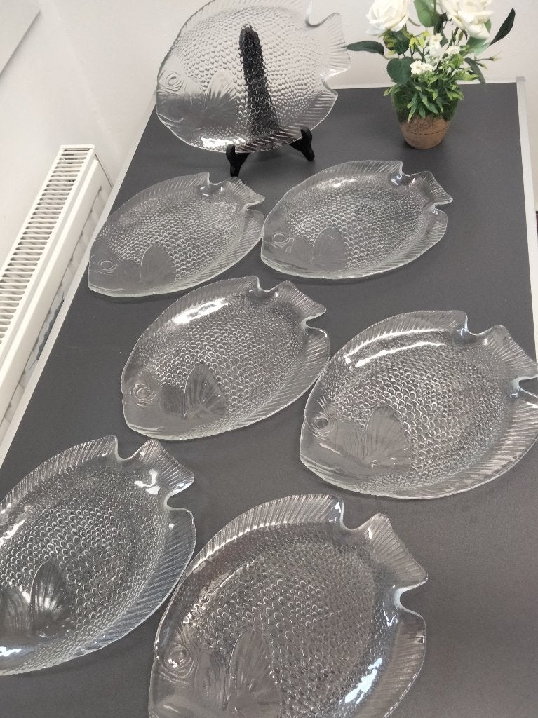 7 prachtige borden in de vorm van een vis „ARCOROC FRANCE”, Ophalen, Vintage, Bord(en), Glas