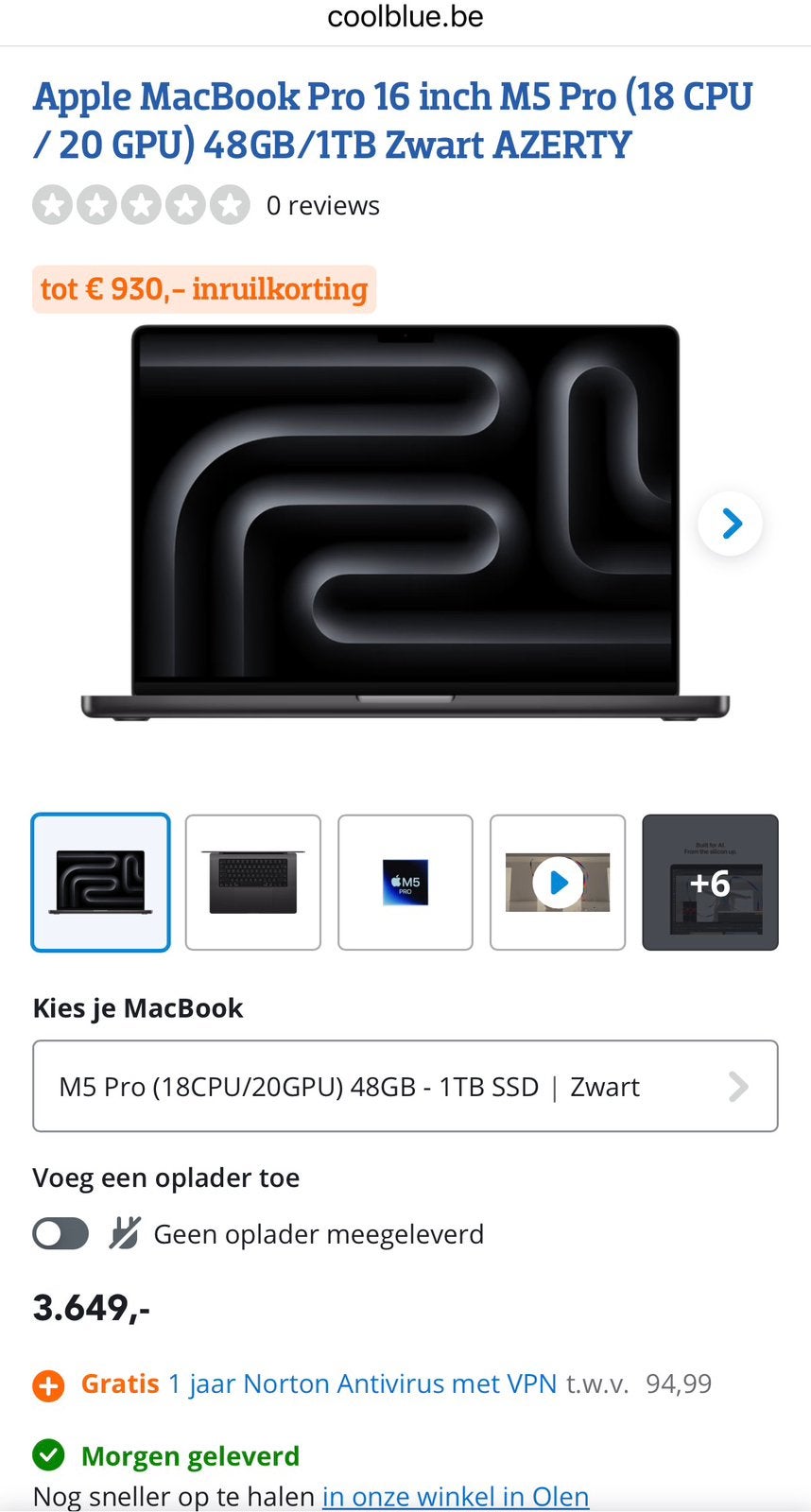 Apple MacBook Pro 16 inch M5 Pro (18 CPU/20GPU)48GB/1TBzwart, Computers en Software, Ophalen of Verzenden, 16 inch, Azerty, MacBook