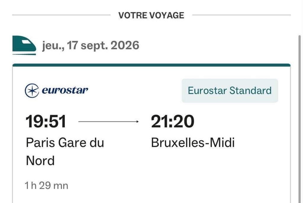 Billet Eurostar Paris Bruxelles 17/09, Tickets & Billets, Une personne, Train, Billet normal