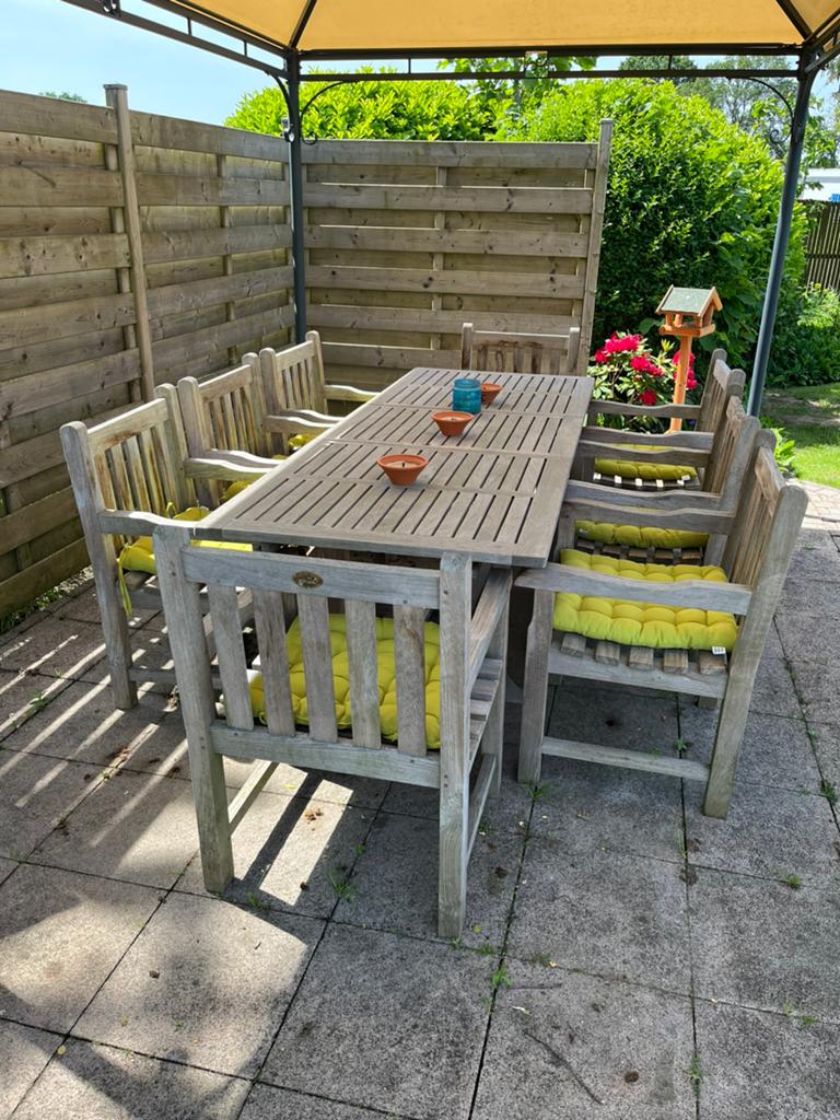 Royal Arrow Teak tafel en 8 stoelen met kussens, Ophalen, Gebruikt, Teakhout, 8 zitplaatsen