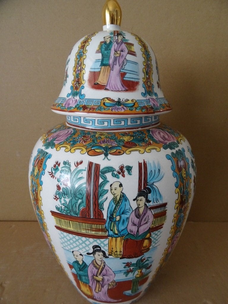Vase Chinois vintage vase et couvercle en faïence 35 cm 1970, Enlèvement ou Envoi