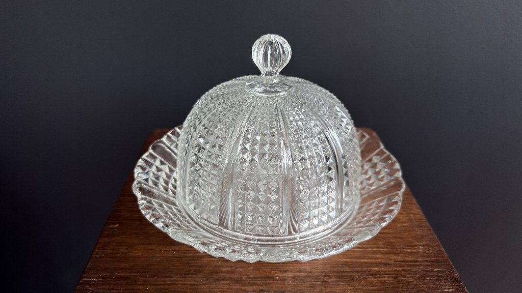 Vintage glazen boter-/kaasstolp met onderschotel, Antiek en Kunst, Ophalen of Verzenden