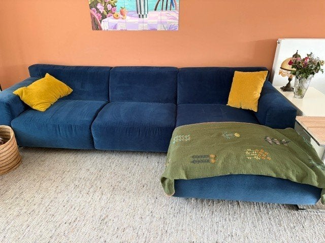Moderne design hoekzetel blauw velvet – zo goed als nieuw, Enlèvement, Comme neuf, Tissus