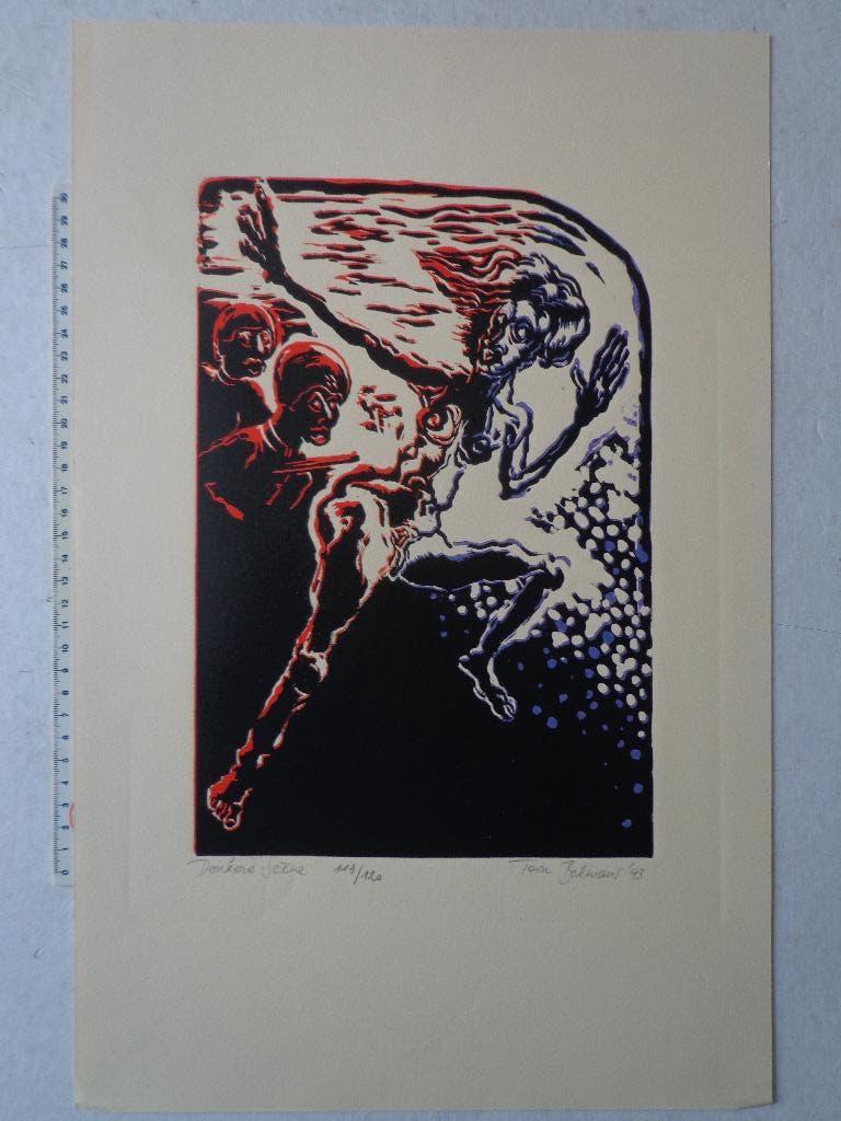 hout- of linosnede Toon Belmans "Donkere scène" uit 1993, Dagelijks leven, Ophalen of Verzenden, Houtsnede, 1950 - 1999