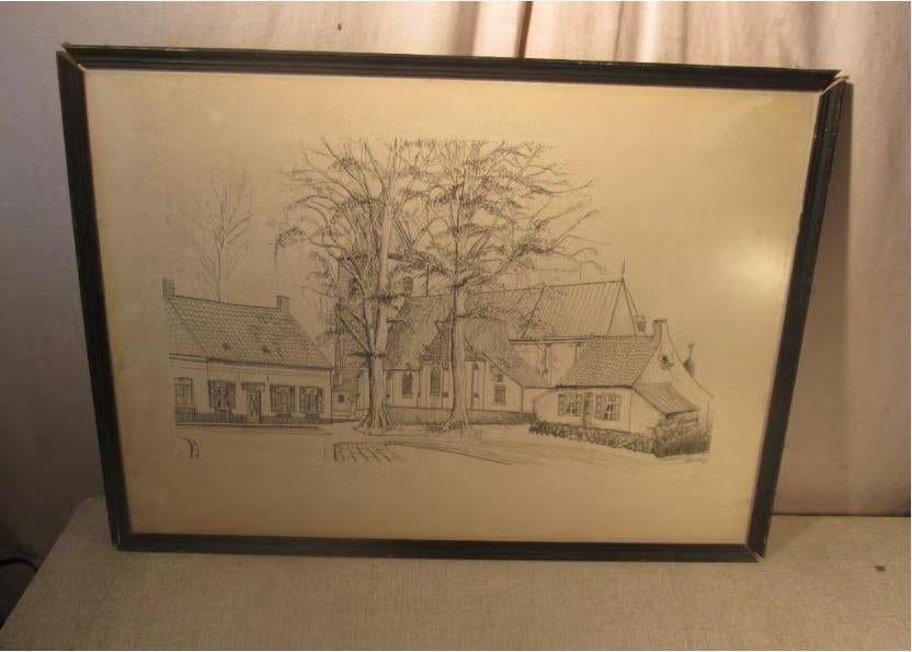 Mooie Tekening 'Centrum van het Dorpje' - Jef wouters, Ophalen of Verzenden