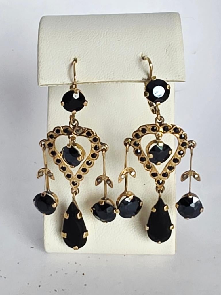 Antieke gouden oorhangers met granaten, 1860-1880, Bijoux, Sacs & Beauté, Bijoux anciens, Enlèvement ou Envoi, Or, Boucles d'oreilles