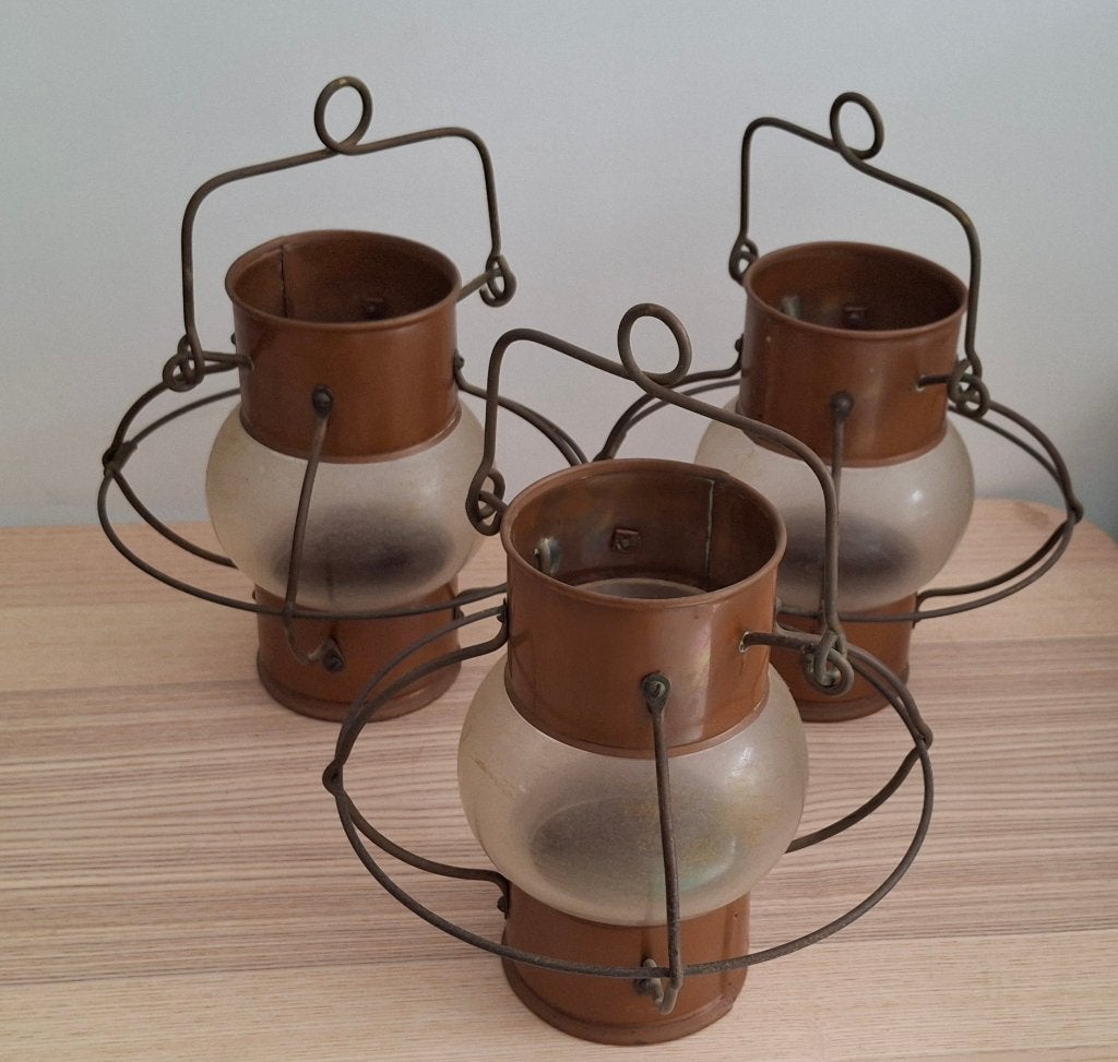 Lot de 3 lanternes de bateau en cuivre & verre – vintage, Enlèvement, Cuivre