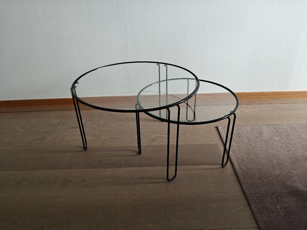 Set vintage glazen salontafels / nesttafels, Moins de 50 cm, Verre, Rond, Vintage, Space Age, industrieel, Italiaans, minimalistisch