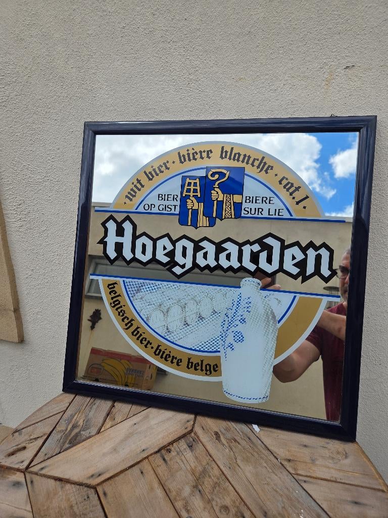 Hoegaarden spiegel in lijst, Enlèvement ou Envoi, Utilisé, Panneau, Plaque ou Plaquette publicitaire, Autres marques
