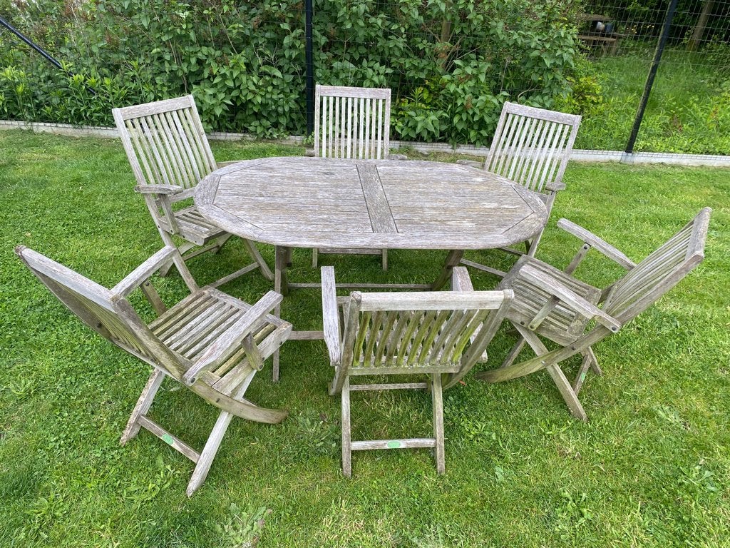 Teak set 6 personen, Tuin en Terras, Tuinsets en Loungesets, Ophalen, Gebruikt, 6 zitplaatsen, Teakhout