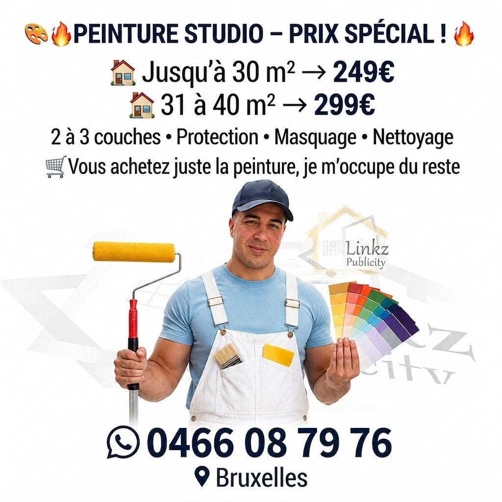 PEINTURE STUDIO – PRIX SPÉCIAL ! 
 Jusqu’à 30 m², Enlèvement ou Envoi