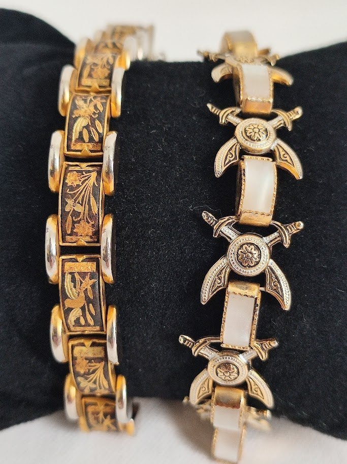 2 Damascene armbanden - Verguld metaal - Toledo, Spanje, Handtassen en Accessoires, Overige materialen, Gebruikt, Zwart, Ophalen of Verzenden