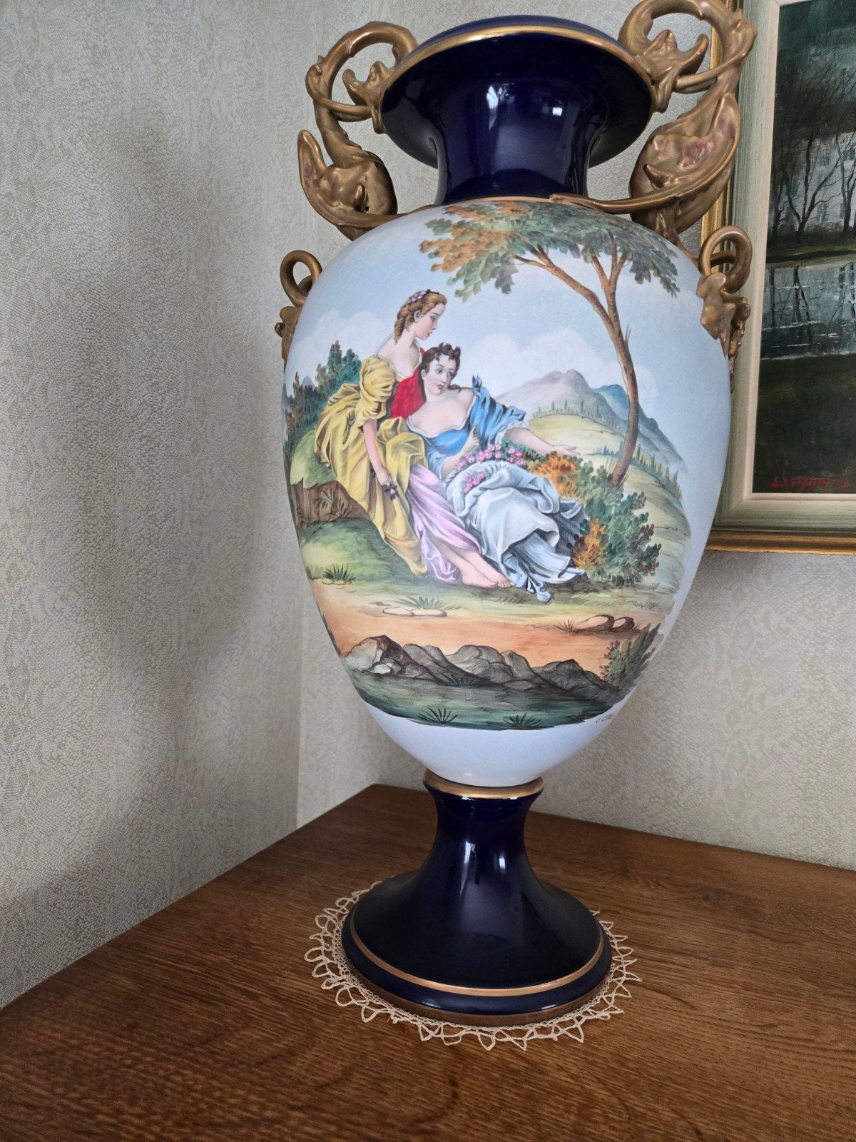 Grote blauwe vaas (Sèvres-stijl, handgeschilderd, gesigneerd, Ophalen, Zo goed als nieuw