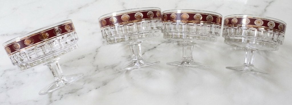 keuken set 4 vintage rood gouden art deco dessertglazen, Vintage, Nieuw, Ophalen of Verzenden, Glas