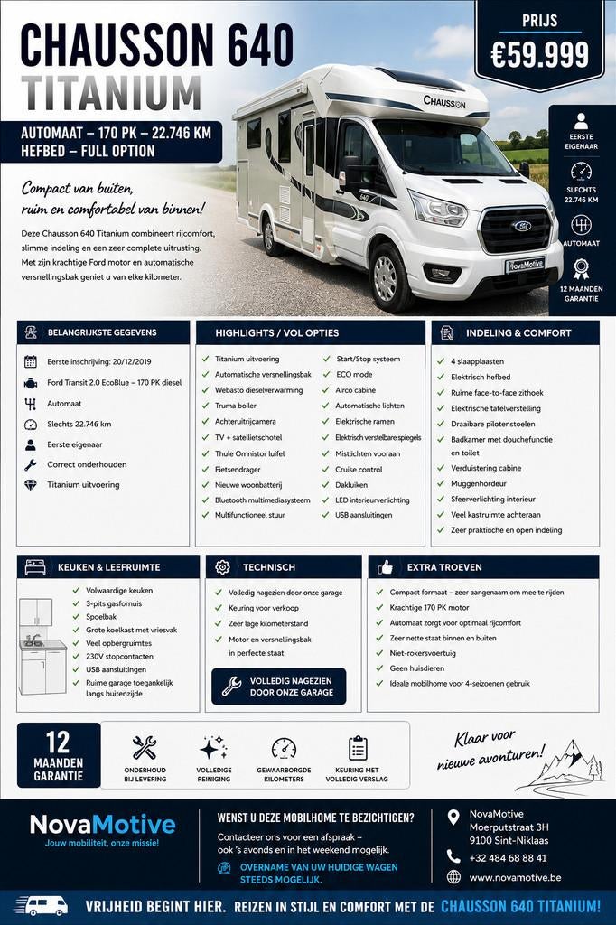 CHAUSSON 640 TITANIUM AUTOMAAT, 22.746KM, ELEKT HEFBED FULL, Caravans en Kamperen, Mobilhomes, Automaat, Airbags, Airconditioning