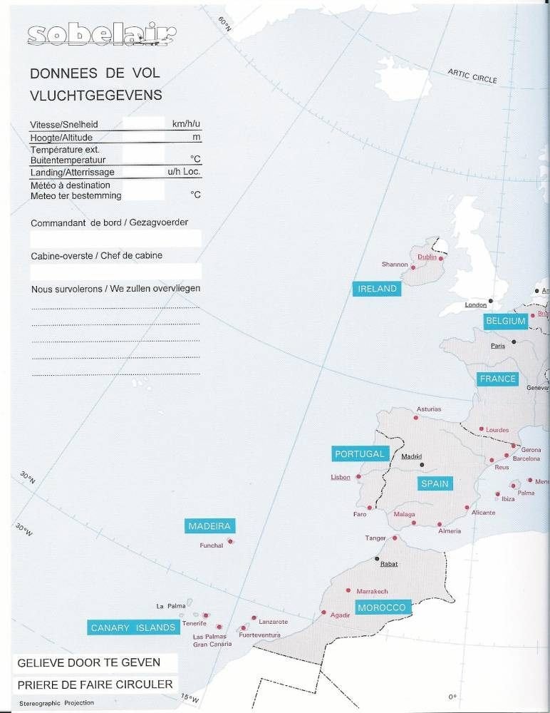 Sabena Sobelair Flight Data Sheet – Map Europe, Ophalen of Verzenden, Nieuw