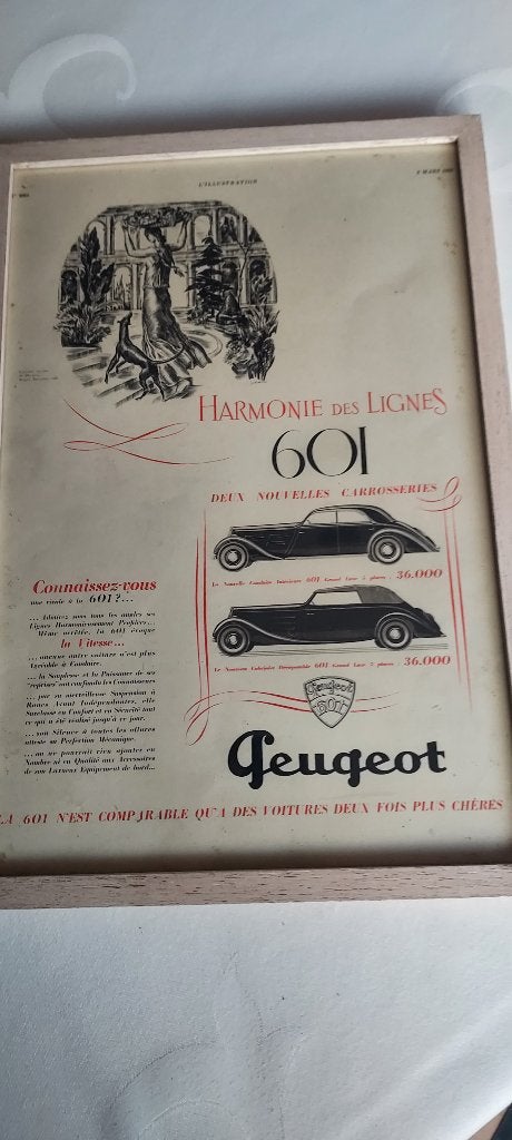 mooie reklame Peugeot 601, 1935, op maat ingekaderd, Verzenden, Zo goed als nieuw, Reclamebord