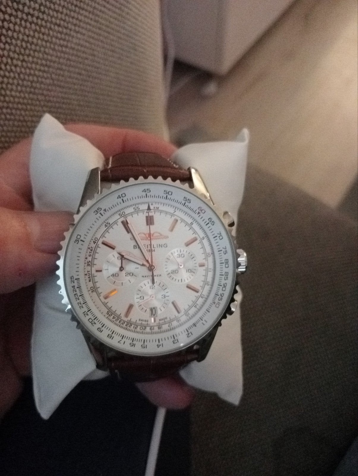 Breitling Navitimer 1884 Chronograaf bruin leer horloge band, Leer, Staal, Breitling, Polshorloge