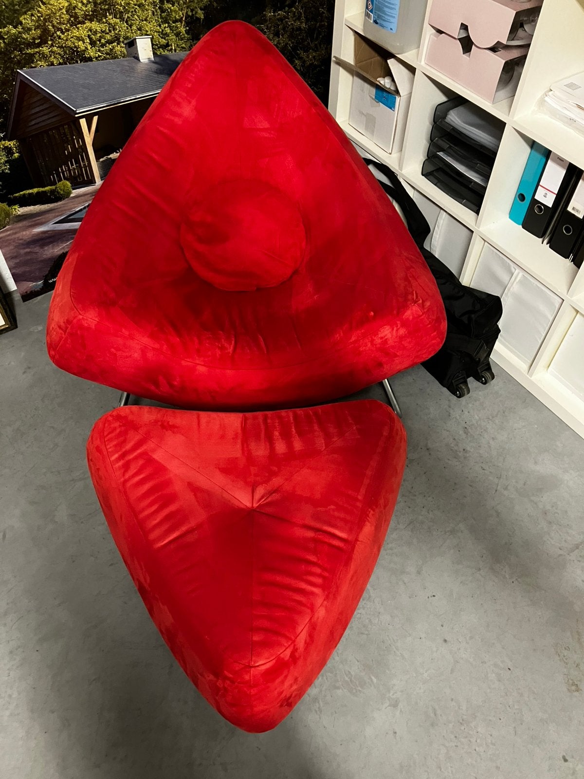 Rode designzetel met bijpassende poef, Ophalen, Gebruikt, 75 tot 100 cm, 75 tot 100 cm